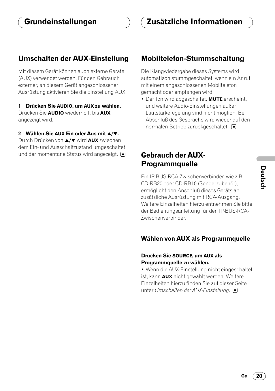 Umschalten der aux-einstellung, Zusätzliche informationen, Mobiltelefon-stummschaltung | Gebrauch der aux-programmquelle, Wählen von aux als programmquelle, Umschalten der aux-einstellung 20, Wählen von aux als programmquelle 20, Grundeinstellungen zusätzliche informationen, Gebrauch der aux- programmquelle | Pioneer KEH-P4020R User Manual | Page 65 / 68