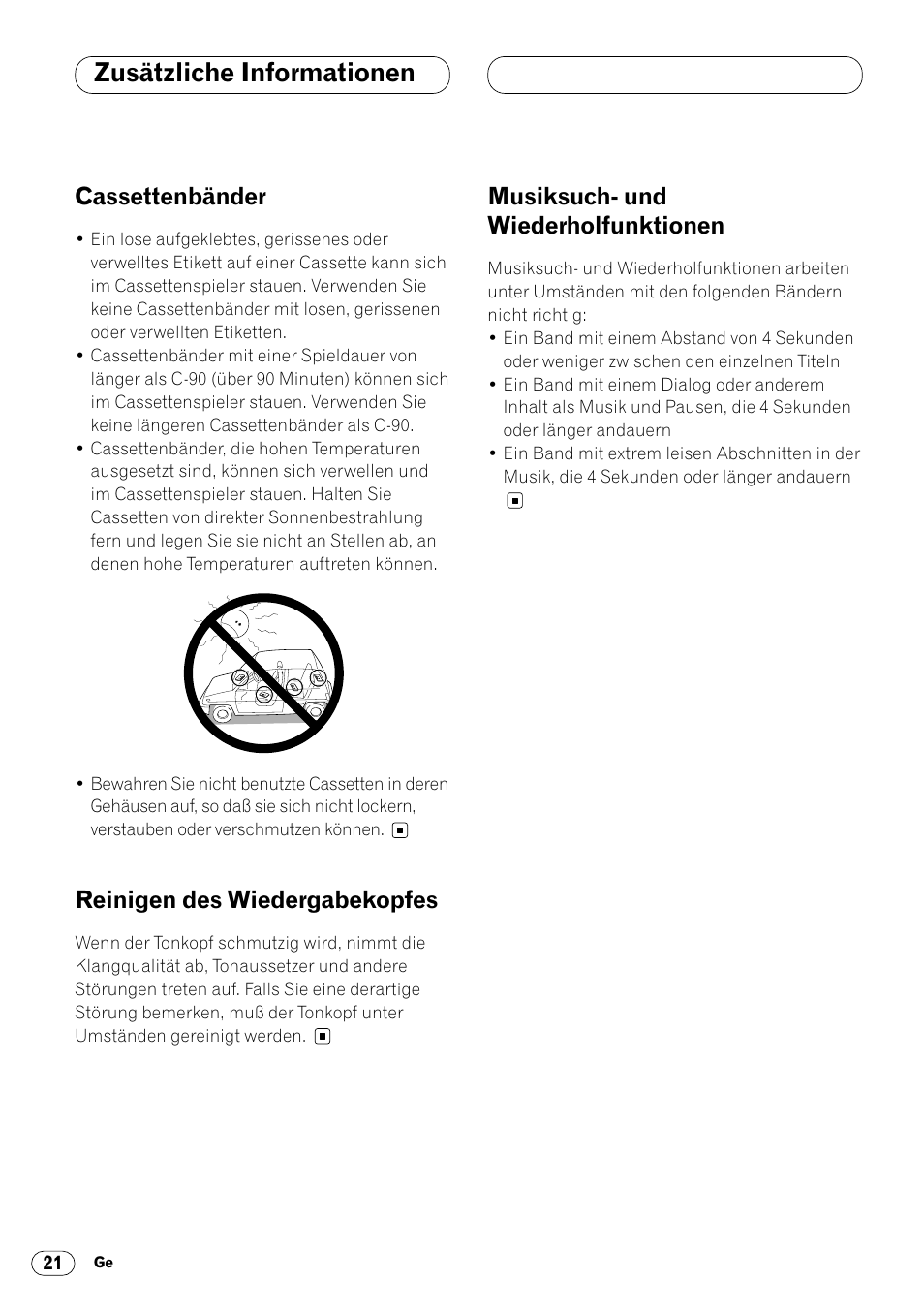 Cassettenbänder, Reinigen des wiedergabekopfes, Musiksuch- und | Zusätzliche informationen, Musiksuch- und wiederholfunktionen | Pioneer KEH-P4020R User Manual | Page 66 / 68