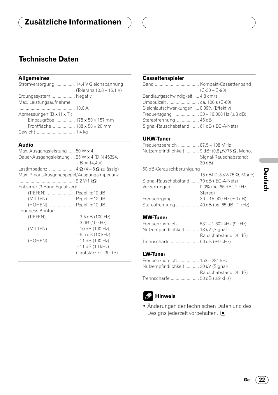 Technische daten, Technische daten 22, Zusätzliche informationen | Pioneer KEH-P4020R User Manual | Page 67 / 68