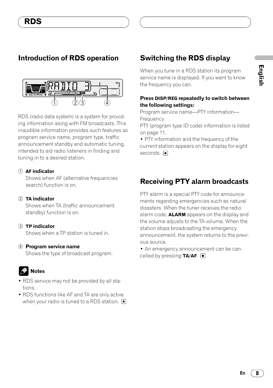 Storing and recalling broadcast, Frequencies 7, Introduction of rds operation | Switching the rds display, Receiving pty alarm broadcasts | Pioneer KEH-P4020R User Manual | Page 9 / 68