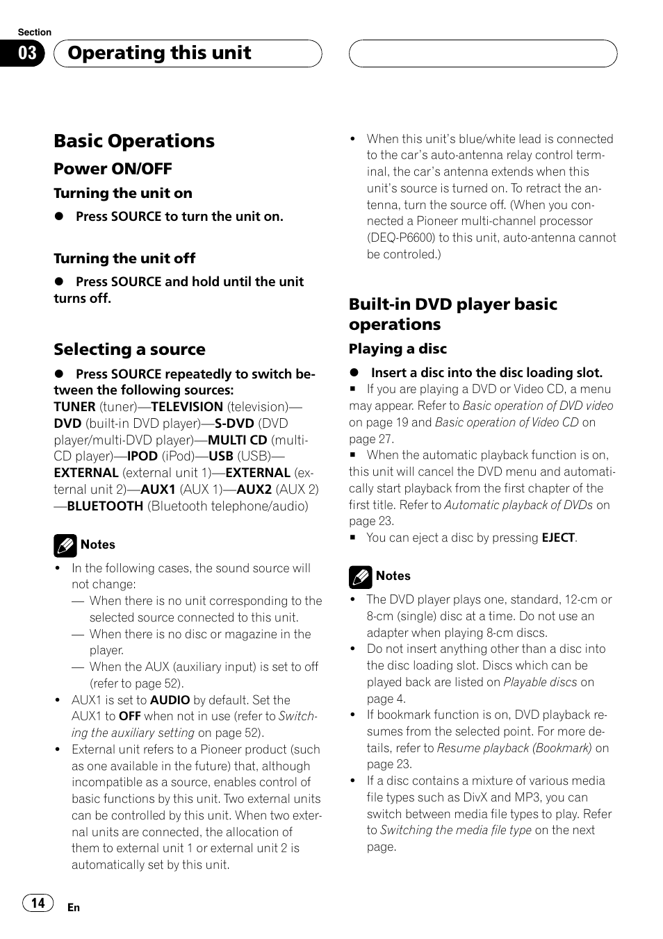 Basic operations, Operating this unit, Power on/off | Selecting a source, Built-in dvd player basic operations | Pioneer DVH-P5900MP User Manual | Page 14 / 96