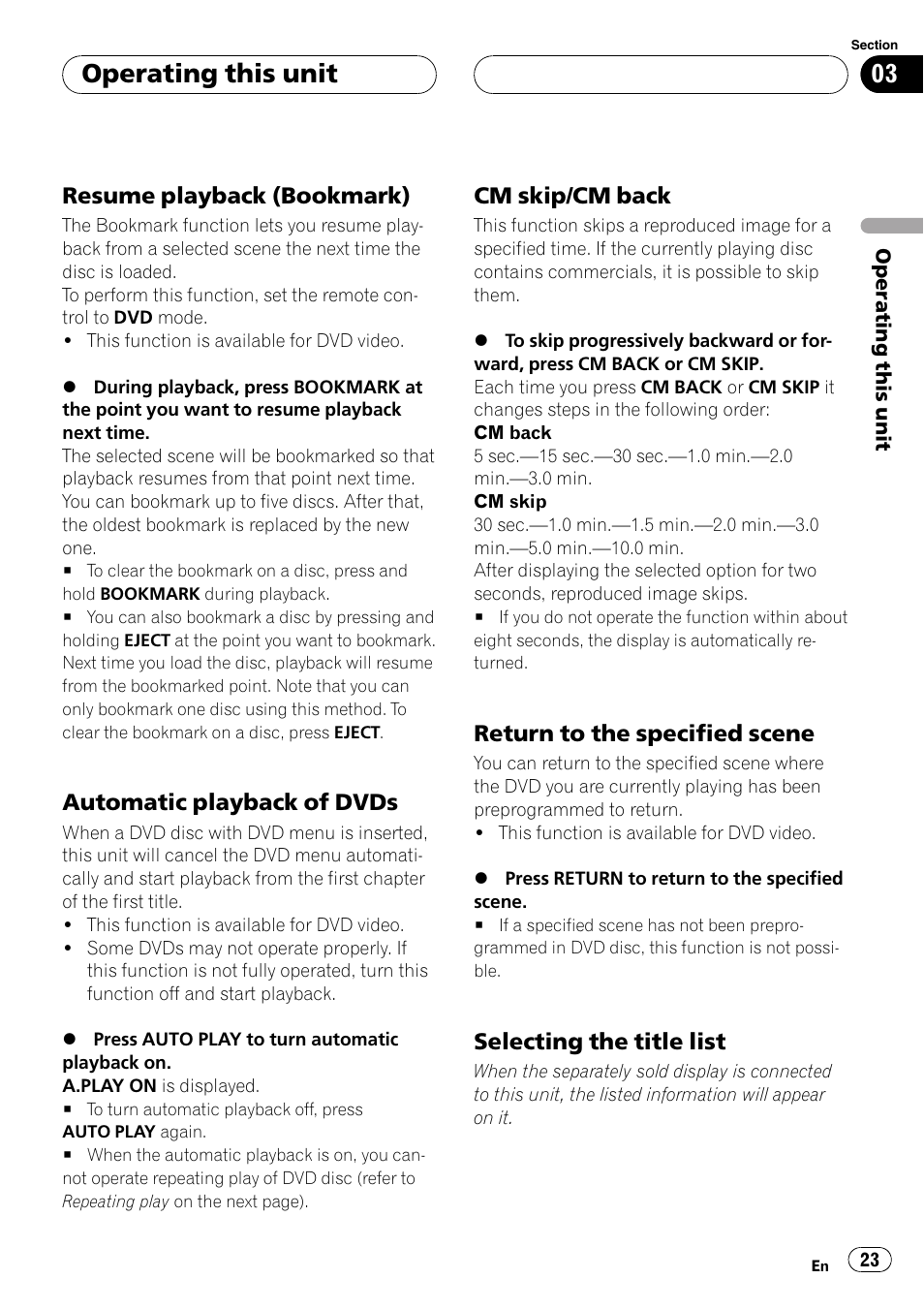 Operating this unit, Resume playback (bookmark), Automatic playback of dvds | Cm skip/cm back, Return to the specified scene, Selecting the title list | Pioneer DVH-P5900MP User Manual | Page 23 / 96