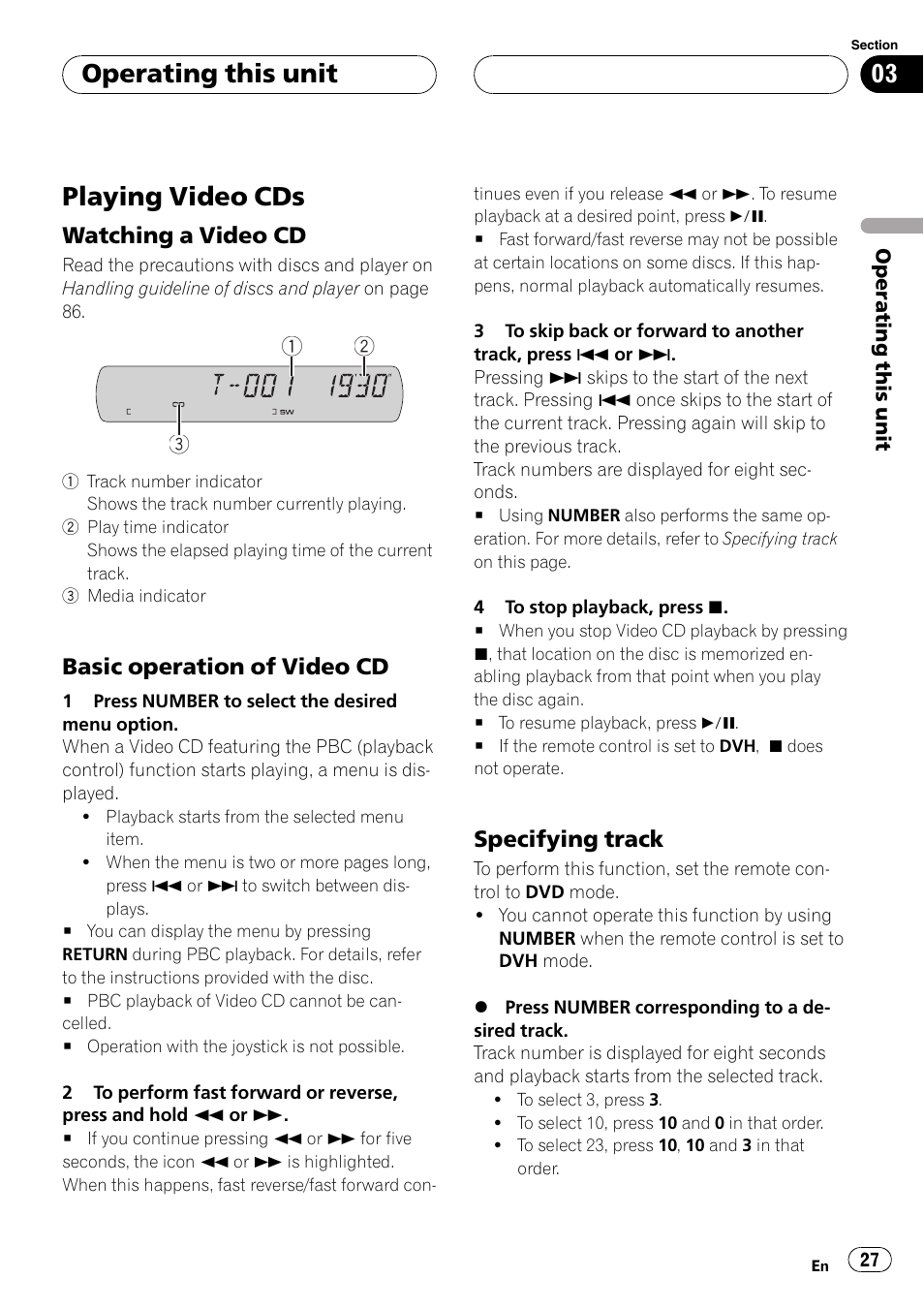 Playing video cds, Watching a video cd on, Operating this unit | Watching a video cd, Basic operation of video cd, Specifying track | Pioneer DVH-P5900MP User Manual | Page 27 / 96