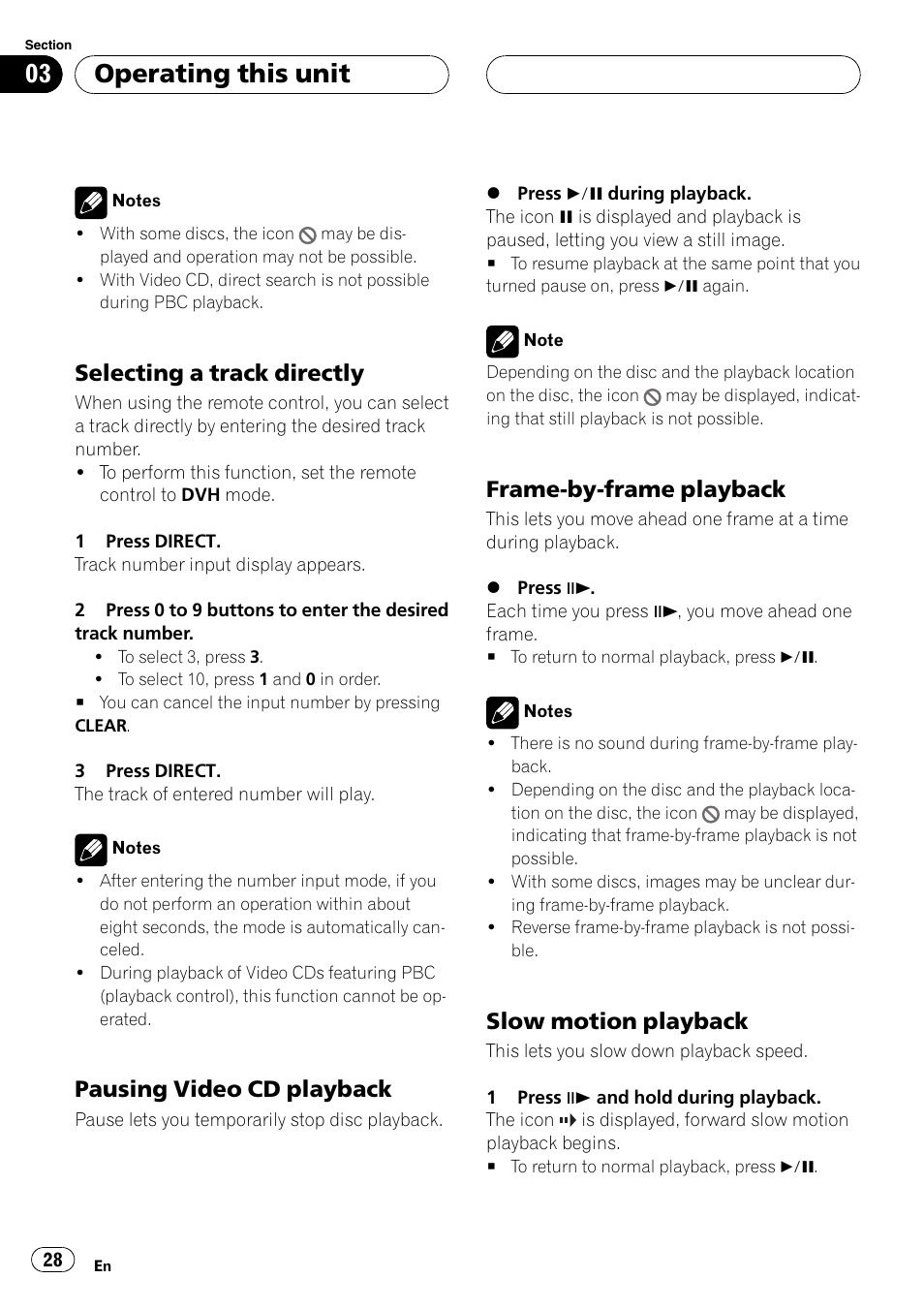 Operating this unit, Selecting a track directly, Pausing video cd playback | Frame-by-frame playback, Slow motion playback | Pioneer DVH-P5900MP User Manual | Page 28 / 96