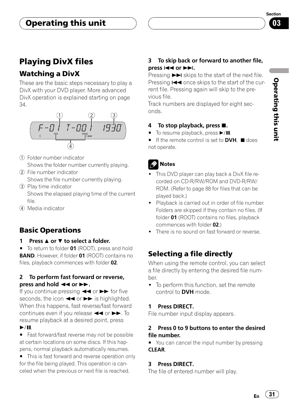 Playing divx files, Operating this unit, Watching a divx | Basic operations, Selecting a file directly | Pioneer DVH-P5900MP User Manual | Page 31 / 96