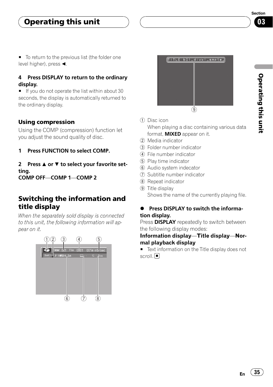 Operating this unit, Switching the information and title display | Pioneer DVH-P5900MP User Manual | Page 35 / 96