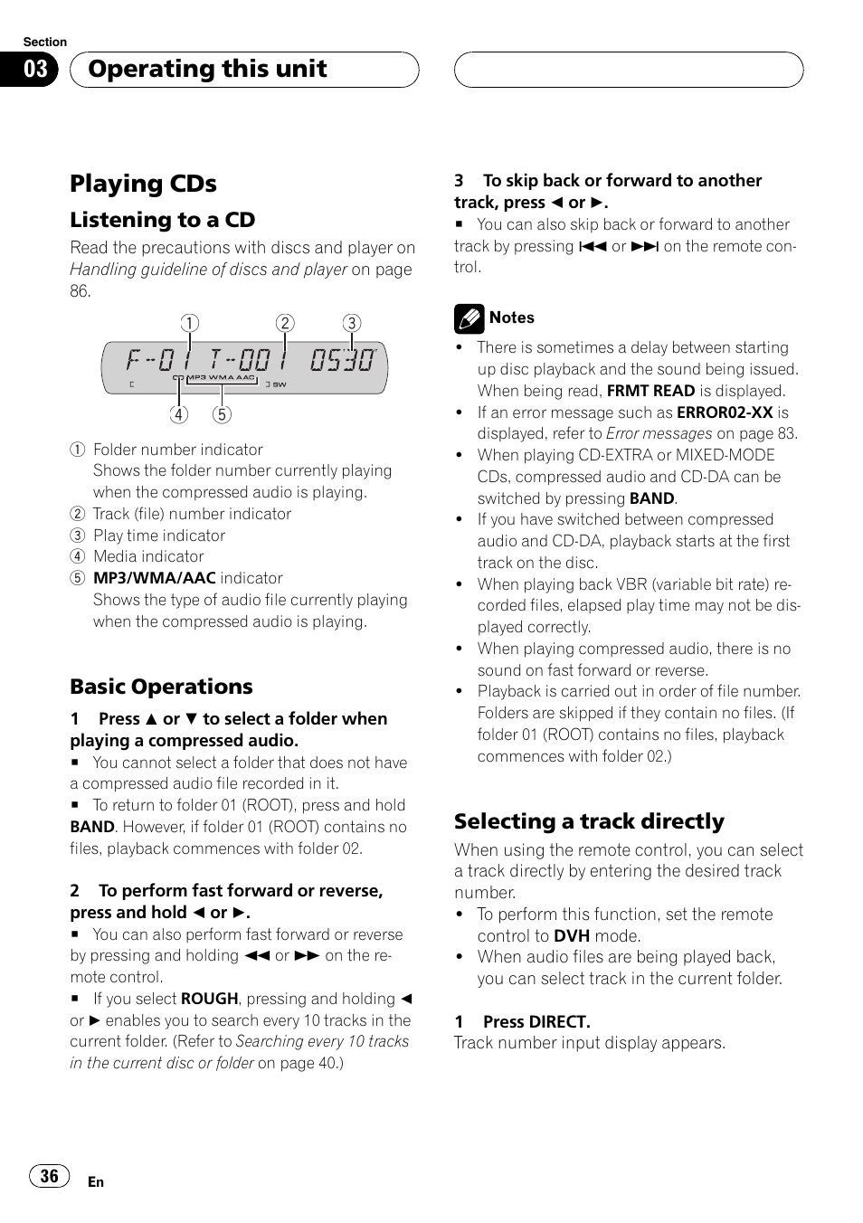 Playing cds, Operating this unit, Listening to a cd | Basic operations, Selecting a track directly | Pioneer DVH-P5900MP User Manual | Page 36 / 96