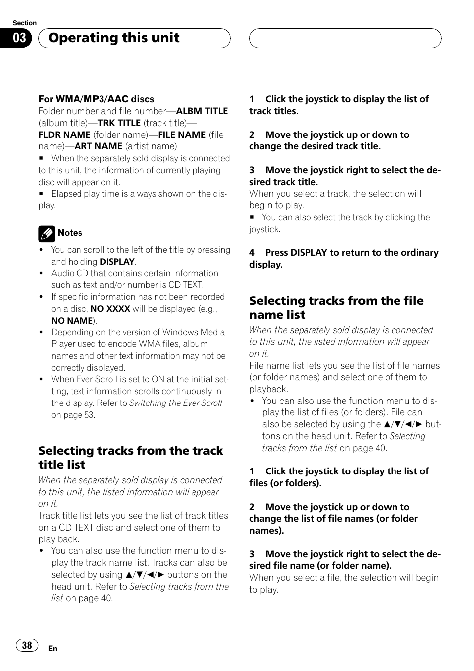 Operating this unit, Selecting tracks from the track title list, Selecting tracks from the file name list | Pioneer DVH-P5900MP User Manual | Page 38 / 96