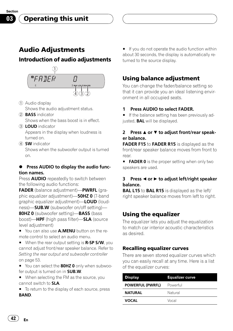 Audio adjustments, Operating this unit, Introduction of audio adjustments | Using balance adjustment, Using the equalizer | Pioneer DVH-P5900MP User Manual | Page 42 / 96
