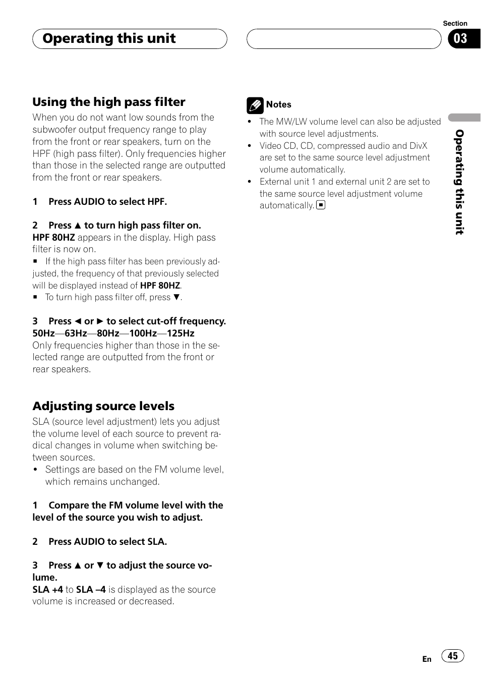 Operating this unit, Using the high pass filter, Adjusting source levels | Pioneer DVH-P5900MP User Manual | Page 45 / 96