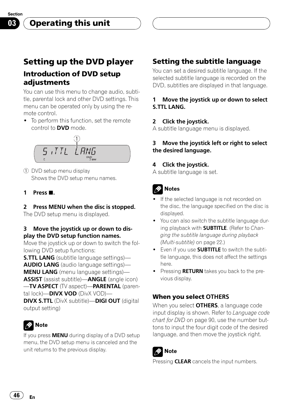 Setting up the dvd player, Operating this unit, Introduction of dvd setup adjustments | Setting the subtitle language | Pioneer DVH-P5900MP User Manual | Page 46 / 96