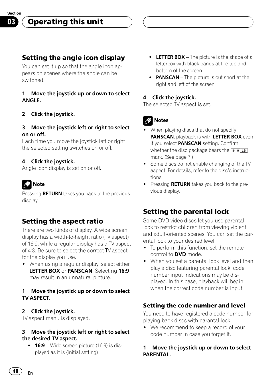 Operating this unit, Setting the angle icon display, Setting the aspect ratio | Setting the parental lock | Pioneer DVH-P5900MP User Manual | Page 48 / 96