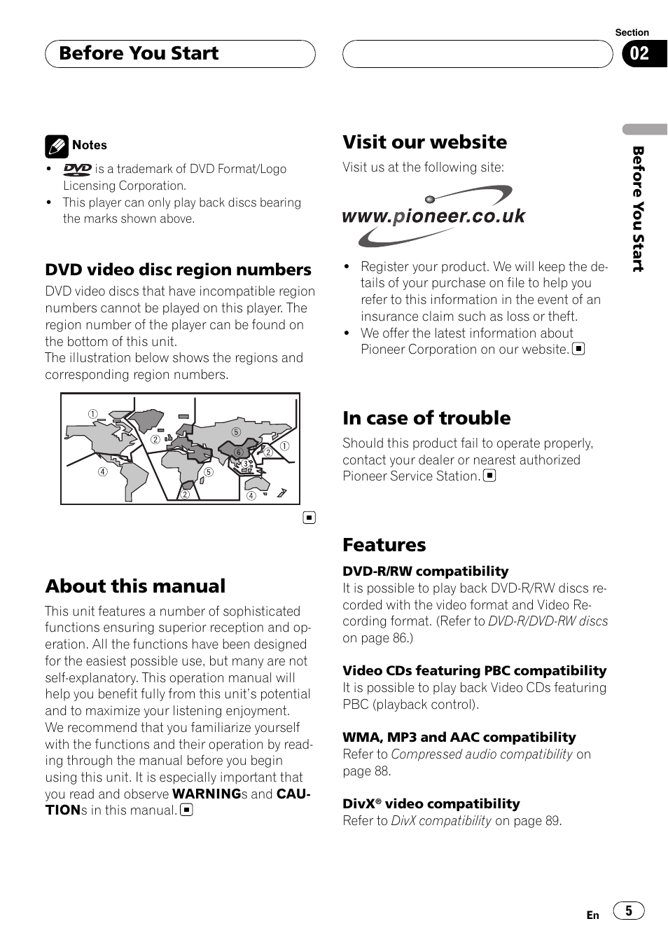 Dvd video disc region numbers 5, About this manual, Visit our website | In case of trouble, Features, Before you start | Pioneer DVH-P5900MP User Manual | Page 5 / 96