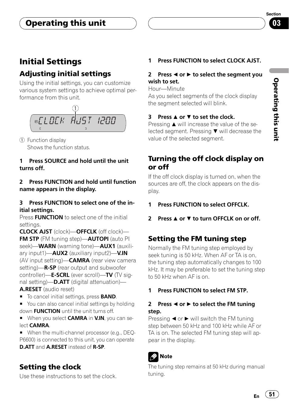 Initial settings, Operating this unit, Adjusting initial settings | Setting the clock, Turning the off clock display on or off, Setting the fm tuning step | Pioneer DVH-P5900MP User Manual | Page 51 / 96