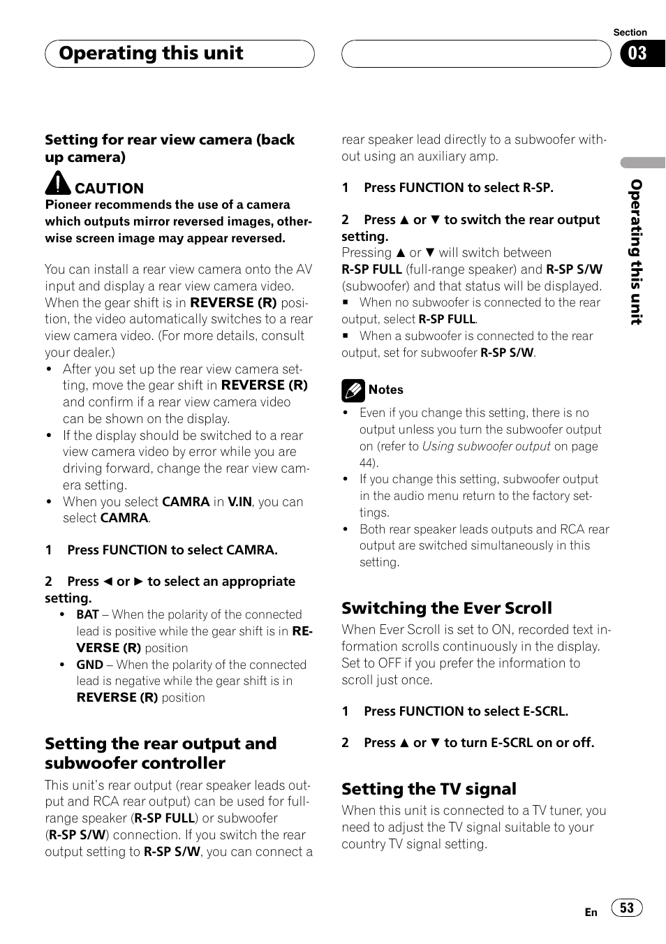 Operating this unit, Setting the rear output and subwoofer controller, Switching the ever scroll | Setting the tv signal | Pioneer DVH-P5900MP User Manual | Page 53 / 96