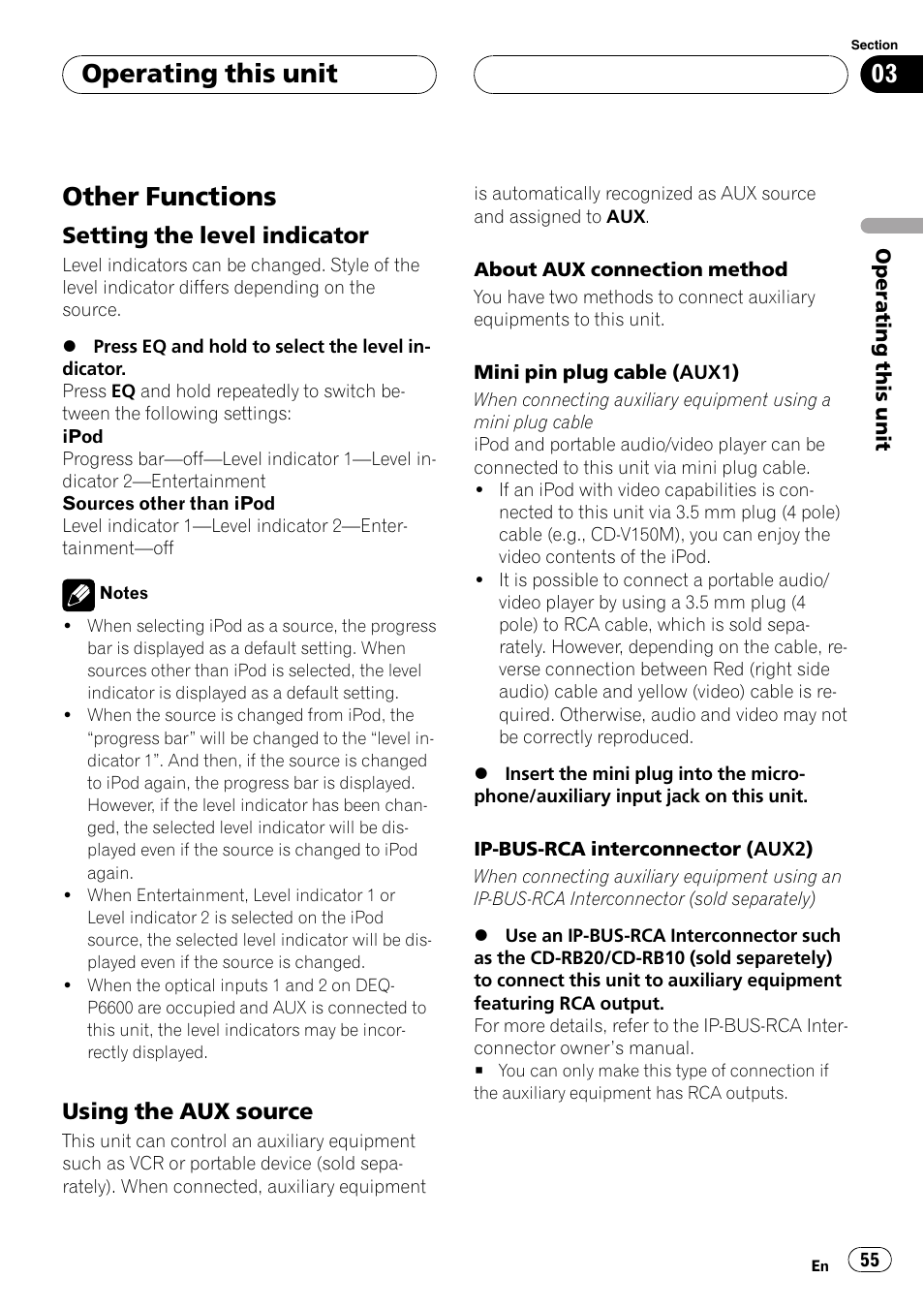 Other functions, Operating this unit, Setting the level indicator | Using the aux source | Pioneer DVH-P5900MP User Manual | Page 55 / 96