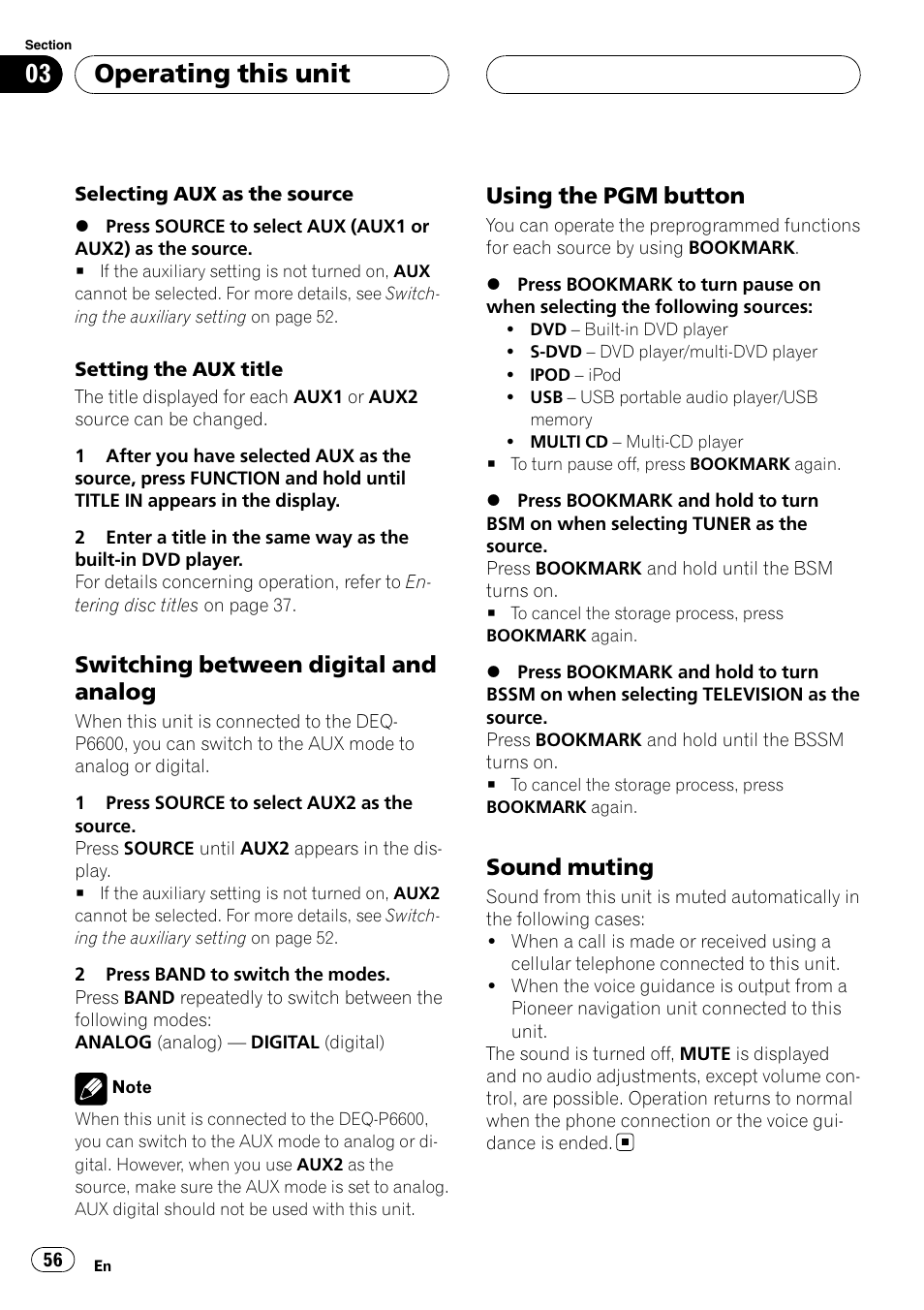 Operating this unit, Switching between digital and analog, Using the pgm button | Sound muting | Pioneer DVH-P5900MP User Manual | Page 56 / 96