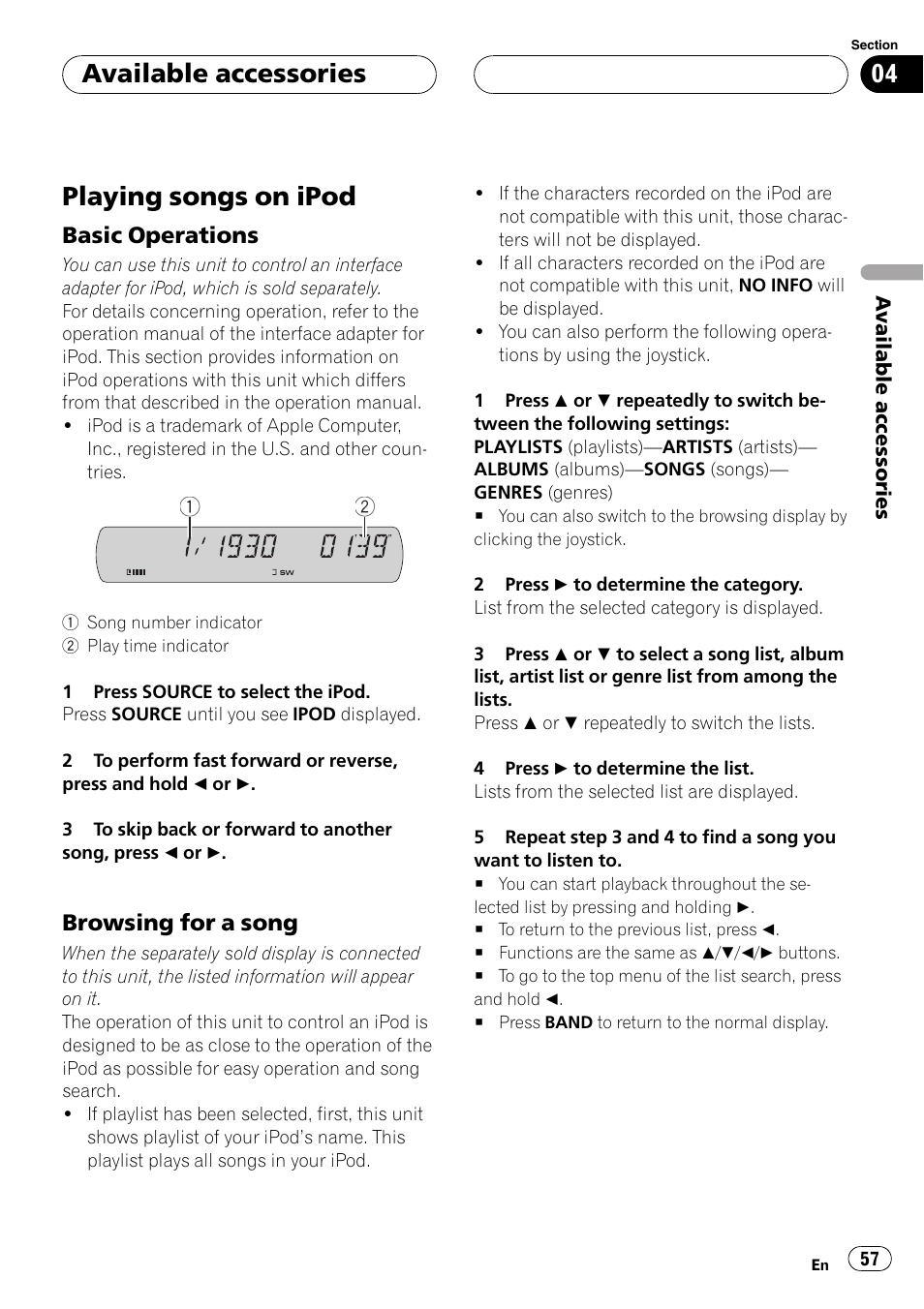 Available accessories playing songs on ipod, Playing songs on ipod, Available accessories | Basic operations, Browsing for a song | Pioneer DVH-P5900MP User Manual | Page 57 / 96