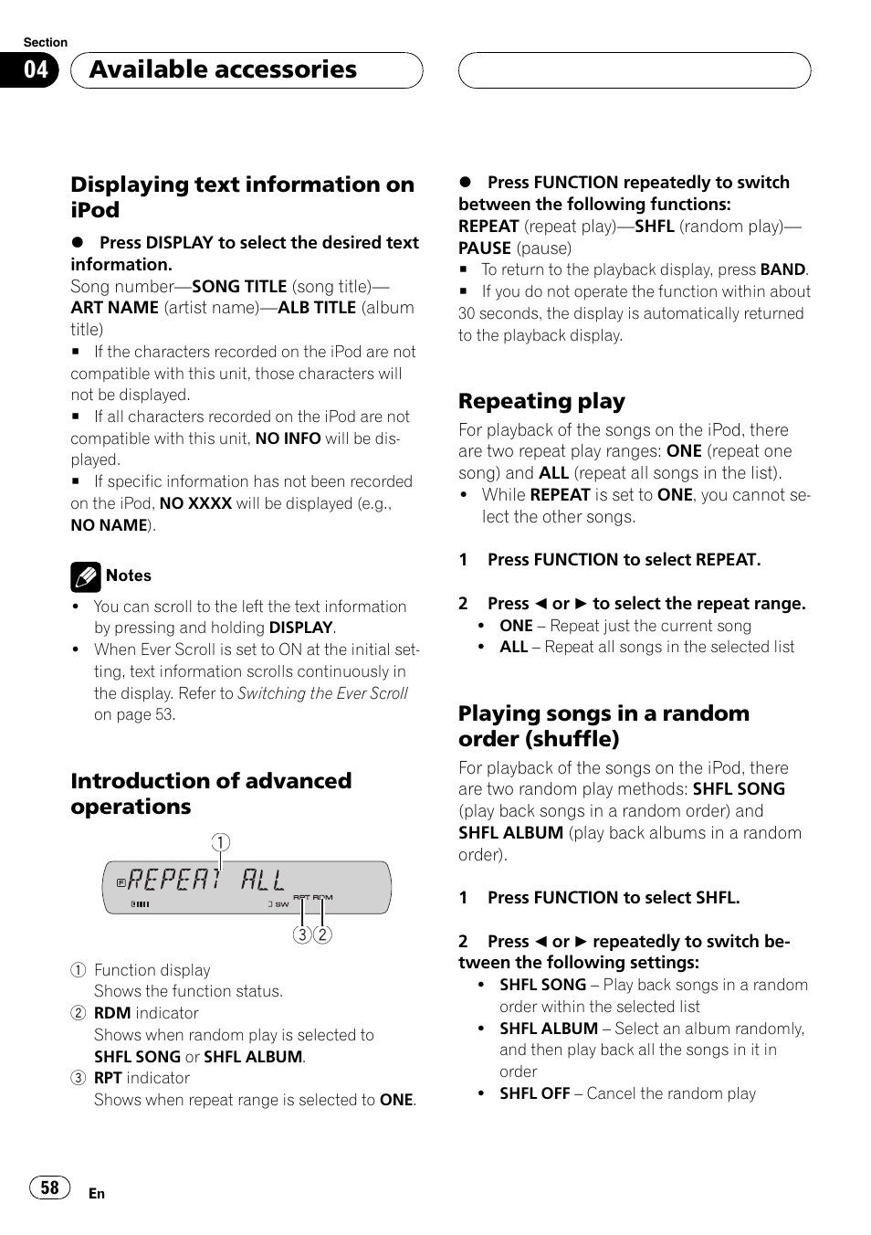 Available accessories, Displaying text information on ipod, Introduction of advanced operations | Repeating play, Playing songs in a random order (shuffle) | Pioneer DVH-P5900MP User Manual | Page 58 / 96