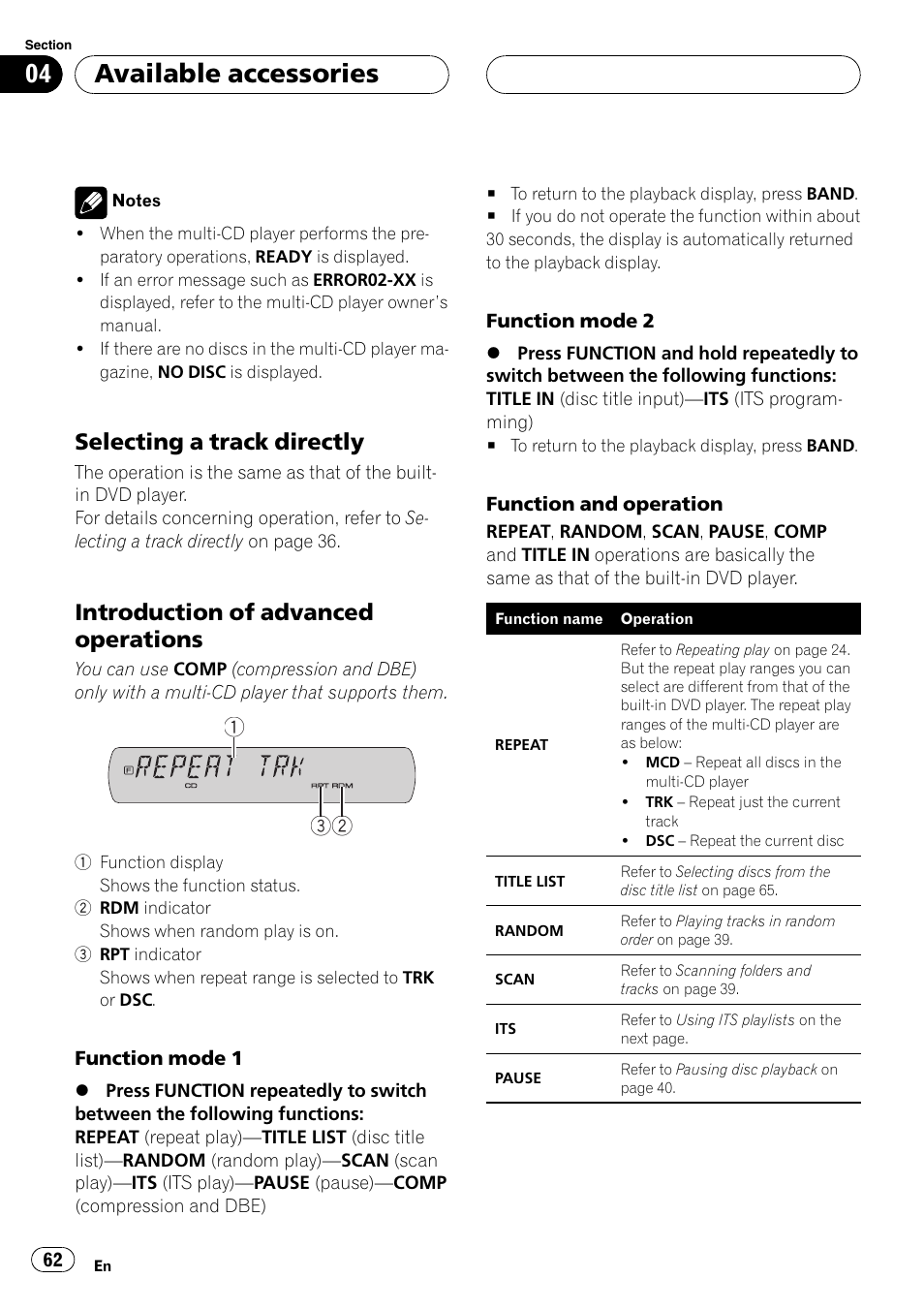 Available accessories, Selecting a track directly, Introduction of advanced operations | Pioneer DVH-P5900MP User Manual | Page 62 / 96