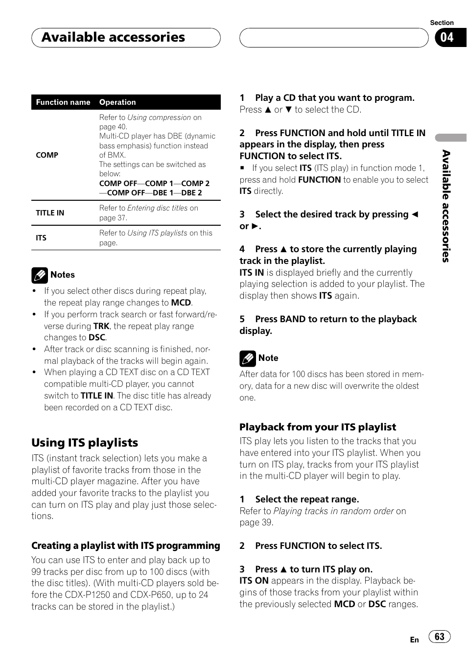 Available accessories, Using its playlists | Pioneer DVH-P5900MP User Manual | Page 63 / 96