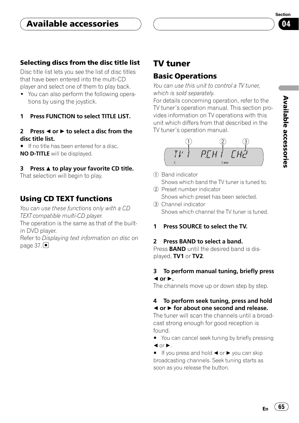 Tv tuner, Available accessories, Using cd text functions | Basic operations | Pioneer DVH-P5900MP User Manual | Page 65 / 96