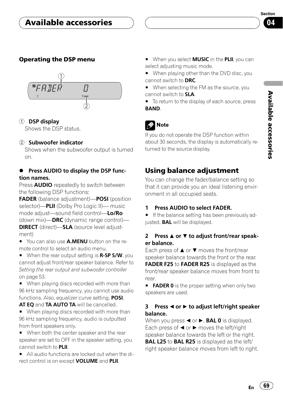 Using bal, Available accessories, Using balance adjustment | Pioneer DVH-P5900MP User Manual | Page 69 / 96