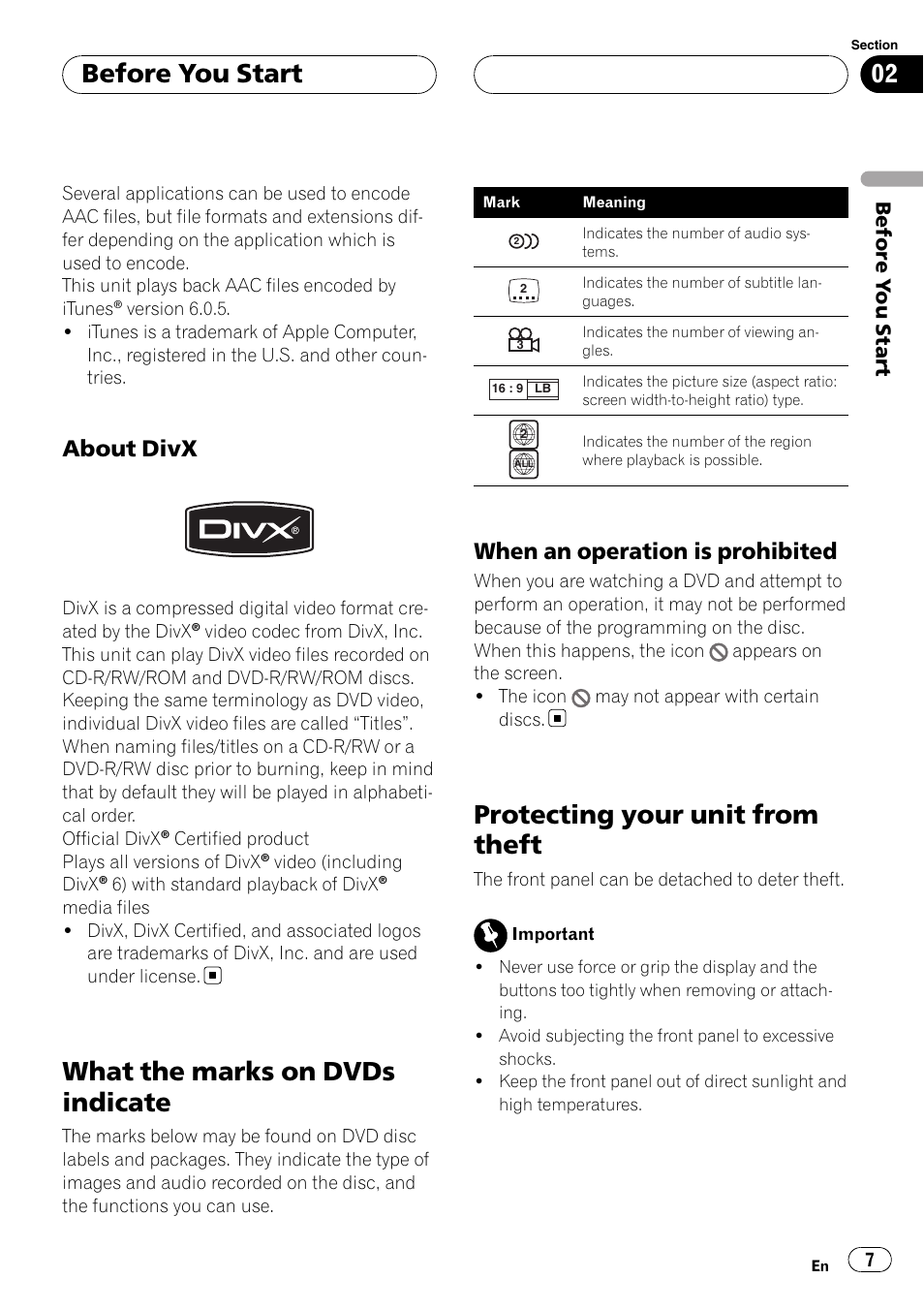 When an operation is prohibited 7, What the marks on dvds indicate, Protecting your unit from theft | Before you start, About divx, When an operation is prohibited | Pioneer DVH-P5900MP User Manual | Page 7 / 96