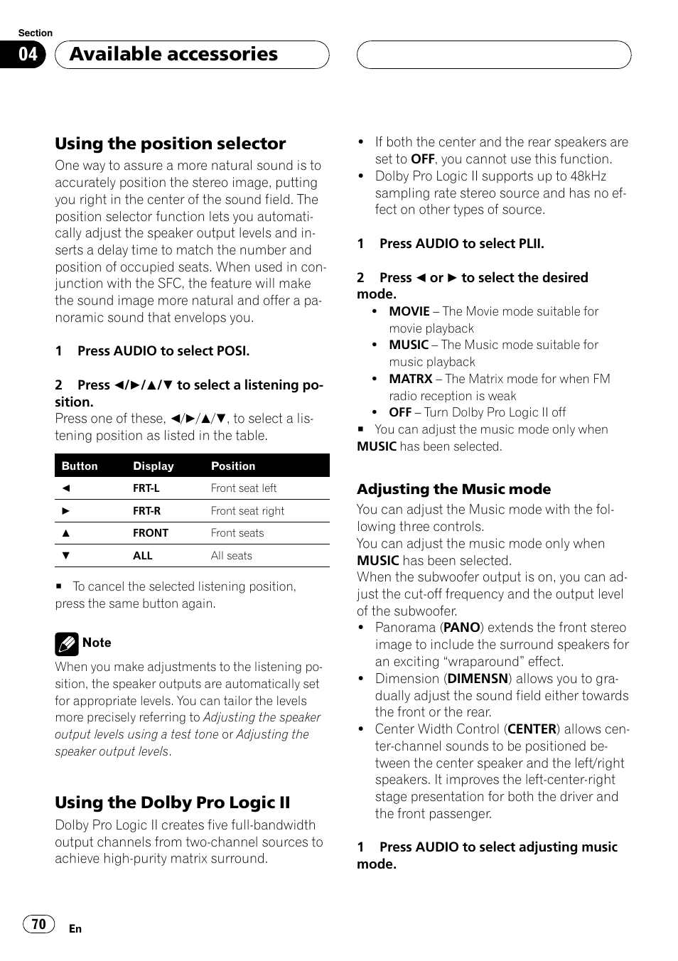 Using, Using the position selector, Available accessories | Using the dolby pro logic ii | Pioneer DVH-P5900MP User Manual | Page 70 / 96