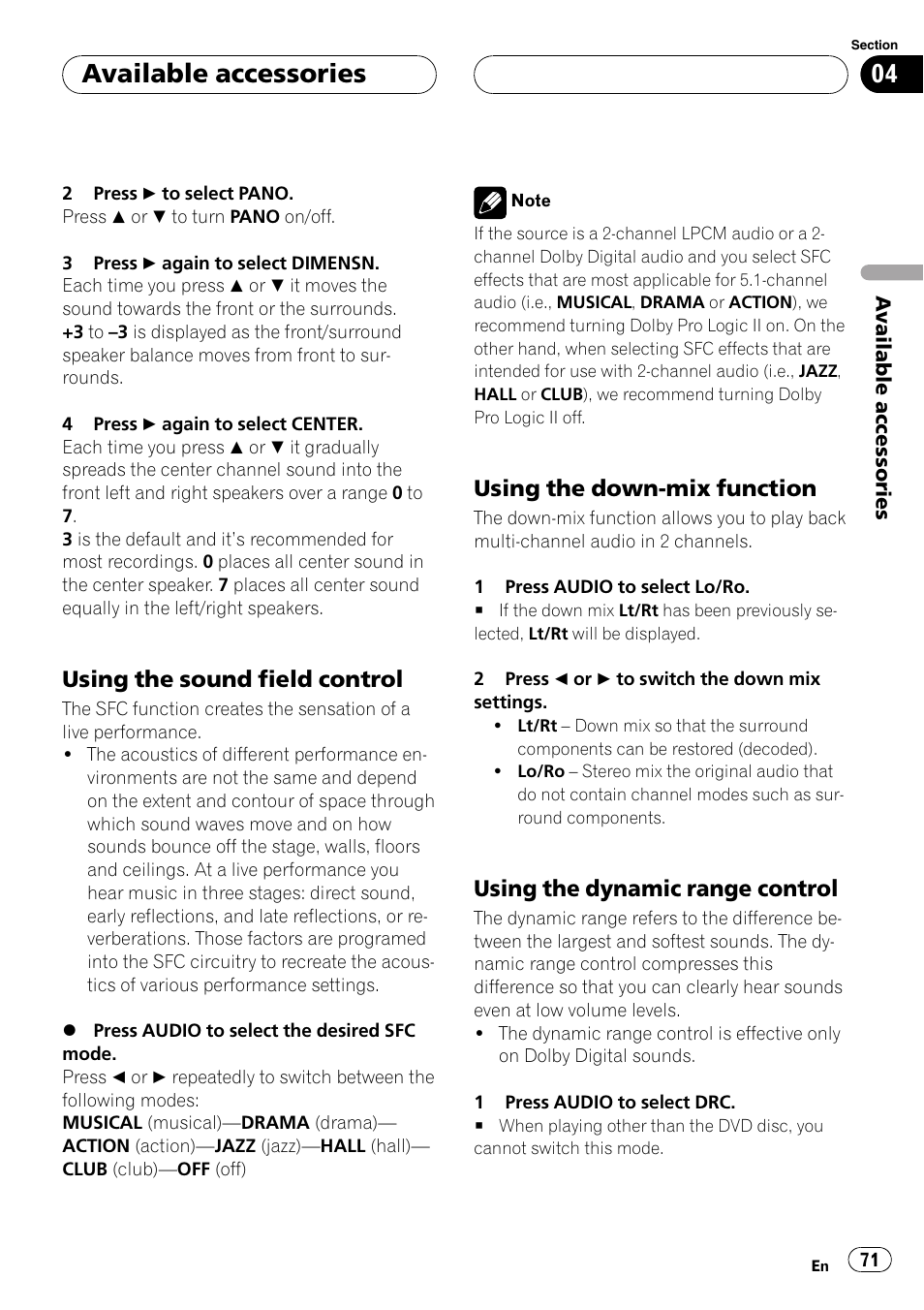 Using the, Using the down, Available accessories | Using the sound field control, Using the down-mix function, Using the dynamic range control | Pioneer DVH-P5900MP User Manual | Page 71 / 96