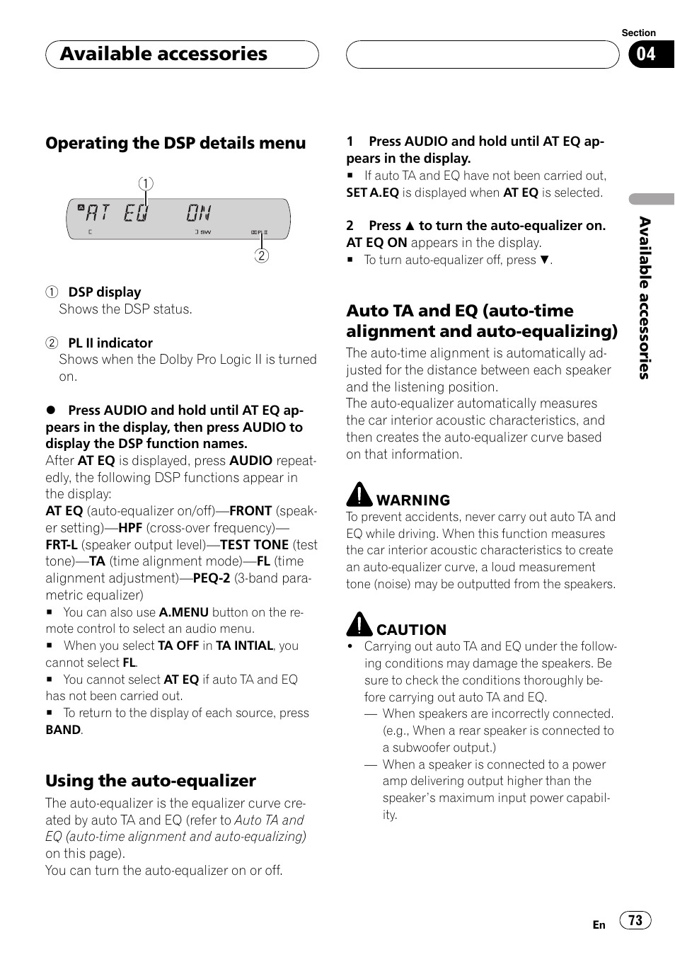 Available accessories, Operating the dsp details menu, Using the auto-equalizer | Pioneer DVH-P5900MP User Manual | Page 73 / 96