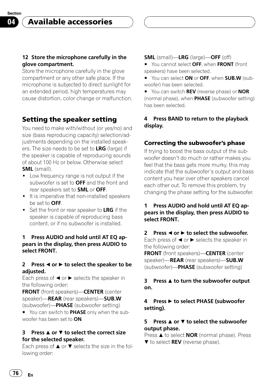 Setting the speaker setting, Available accessories | Pioneer DVH-P5900MP User Manual | Page 76 / 96
