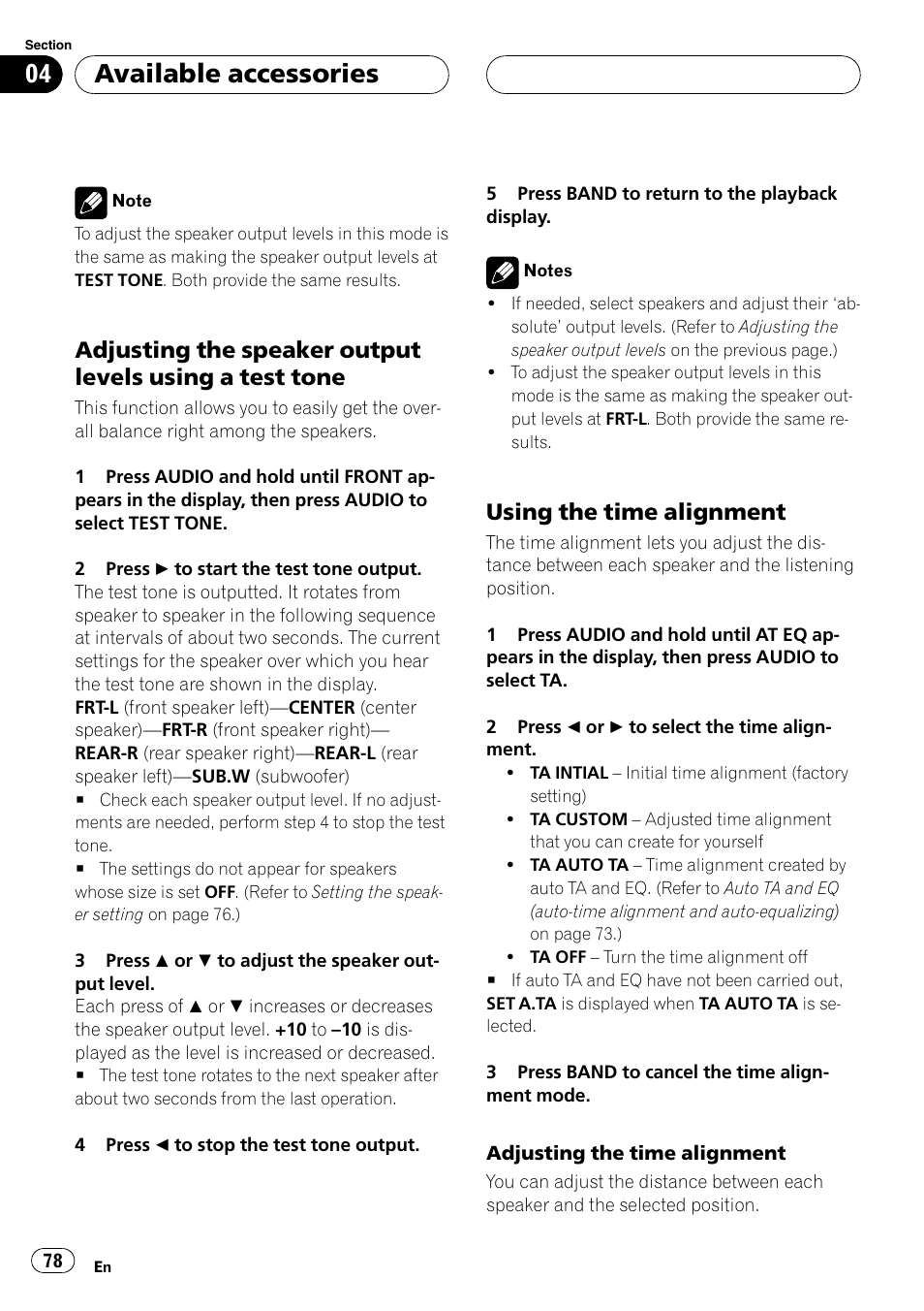 Adjusting the time alignment, Available accessories, Using the time alignment | Pioneer DVH-P5900MP User Manual | Page 78 / 96