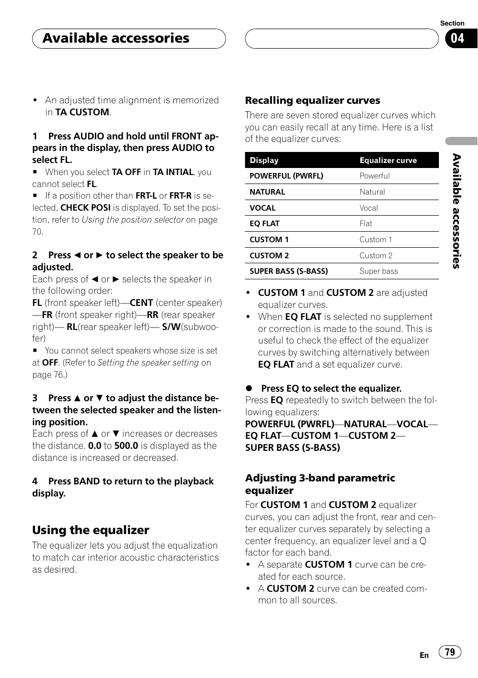 Adjusting 3-band parametric equalizer, Available accessories, Using the equalizer | Pioneer DVH-P5900MP User Manual | Page 79 / 96