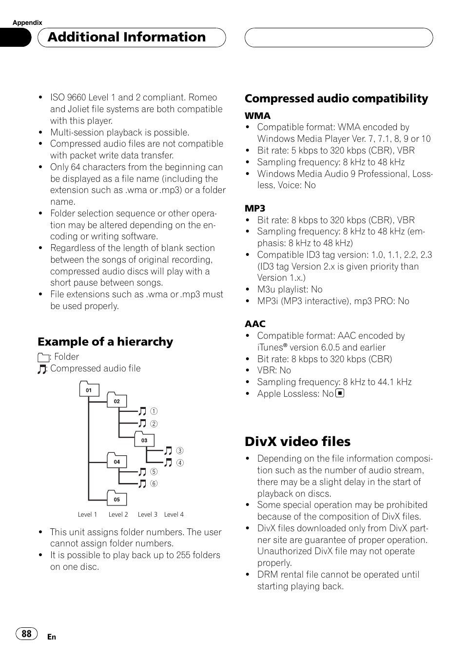 Divx video files, Additional information, Example of a hierarchy | Compressed audio compatibility | Pioneer DVH-P5900MP User Manual | Page 88 / 96