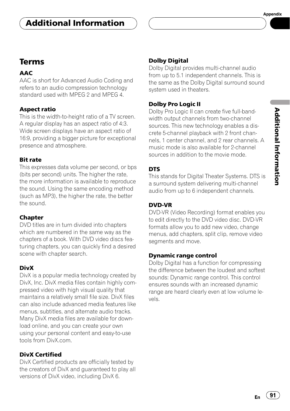 Terms, Additional information | Pioneer DVH-P5900MP User Manual | Page 91 / 96