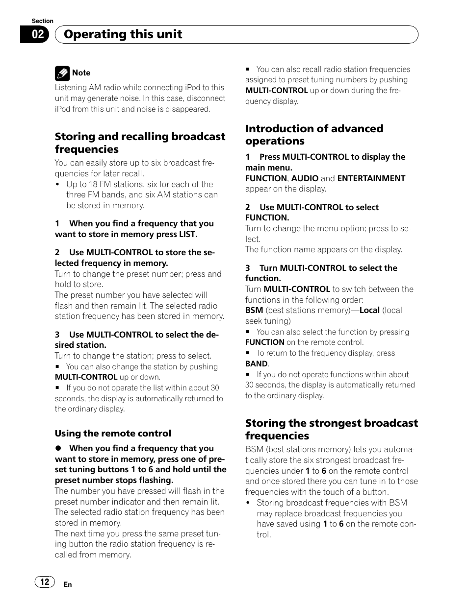 Storing & recalling presets, Best station memory (automatic station preset), Operating this unit | Storing and recalling broadcast frequencies, Introduction of advanced operations, Storing the strongest broadcast frequencies | Pioneer DEH-P5900IB User Manual | Page 12 / 72