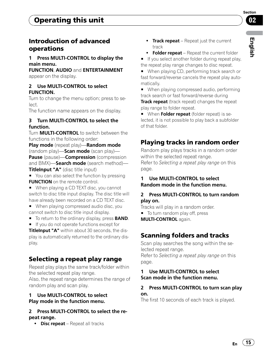 Repeat play / selecting repeat play range, Random play, Scanning folders & tracks | Operating this unit, Introduction of advanced operations, Selecting a repeat play range, Playing tracks in random order, Scanning folders and tracks | Pioneer DEH-P5900IB User Manual | Page 15 / 72