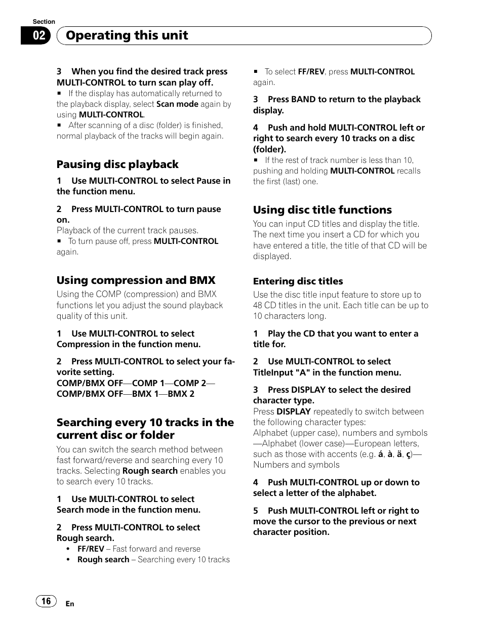 Pause, Compression & bmx (bit media expander), Disc title functions | Operating this unit, Pausing disc playback, Using compression and bmx, Using disc title functions | Pioneer DEH-P5900IB User Manual | Page 16 / 72