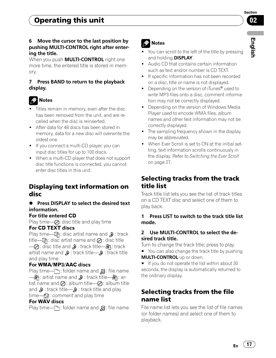 Displaying text information on a disc, Selecting tracks from the track title list, Selecting tracks from the file name list | Operating this unit, Displaying text information on disc | Pioneer DEH-P5900IB User Manual | Page 17 / 72