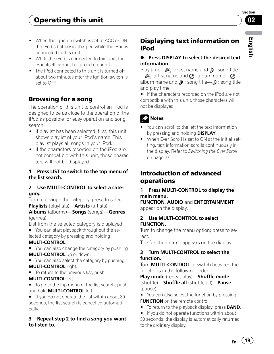Browsing for a song, Displaying text from the ipod, Scrolling the text | Operating this unit, Displaying text information on ipod, Introduction of advanced operations | Pioneer DEH-P5900IB User Manual | Page 19 / 72