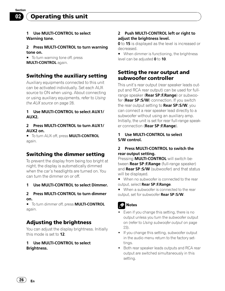 Auxiliary input on / off, Headlight activated dimmer feature, Display brightness | Rear output & subwoofer controller, Operating this unit, Switching the auxiliary setting, Switching the dimmer setting, Adjusting the brightness, Setting the rear output and subwoofer controller | Pioneer DEH-P5900IB User Manual | Page 26 / 72