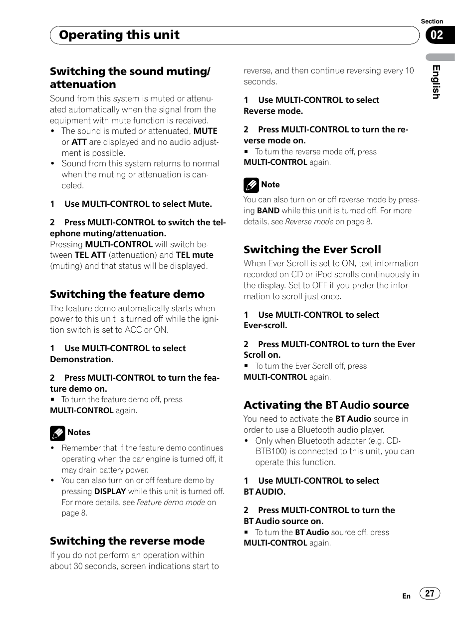 Muting / attenuation, Feature demo mode, Reverse demo mode | Ever scroll, Activating the bt (bluetooth) audio source, Operating this unit, Switching the sound muting/ attenuation, Switching the feature demo, Switching the reverse mode, Switching the ever scroll | Pioneer DEH-P5900IB User Manual | Page 27 / 72