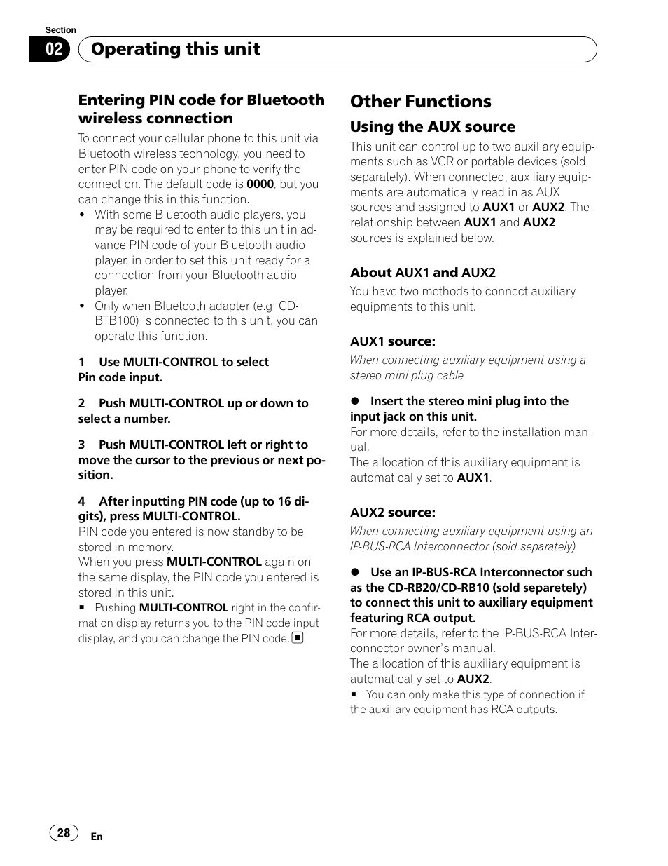 Entering pin code for bluetooth connection, Using the aux sources, Other functions | Operating this unit, Using the aux source | Pioneer DEH-P5900IB User Manual | Page 28 / 72
