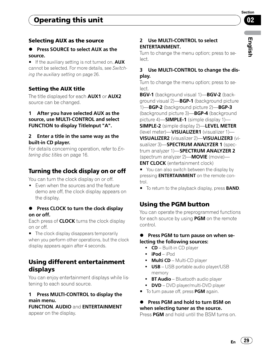 Selecting aux as the source, Setting the aux title, Clock display on / off | Entertainment displays, Using the pgm button, Operating this unit, Turning the clock display on or off, Using different entertainment displays | Pioneer DEH-P5900IB User Manual | Page 29 / 72