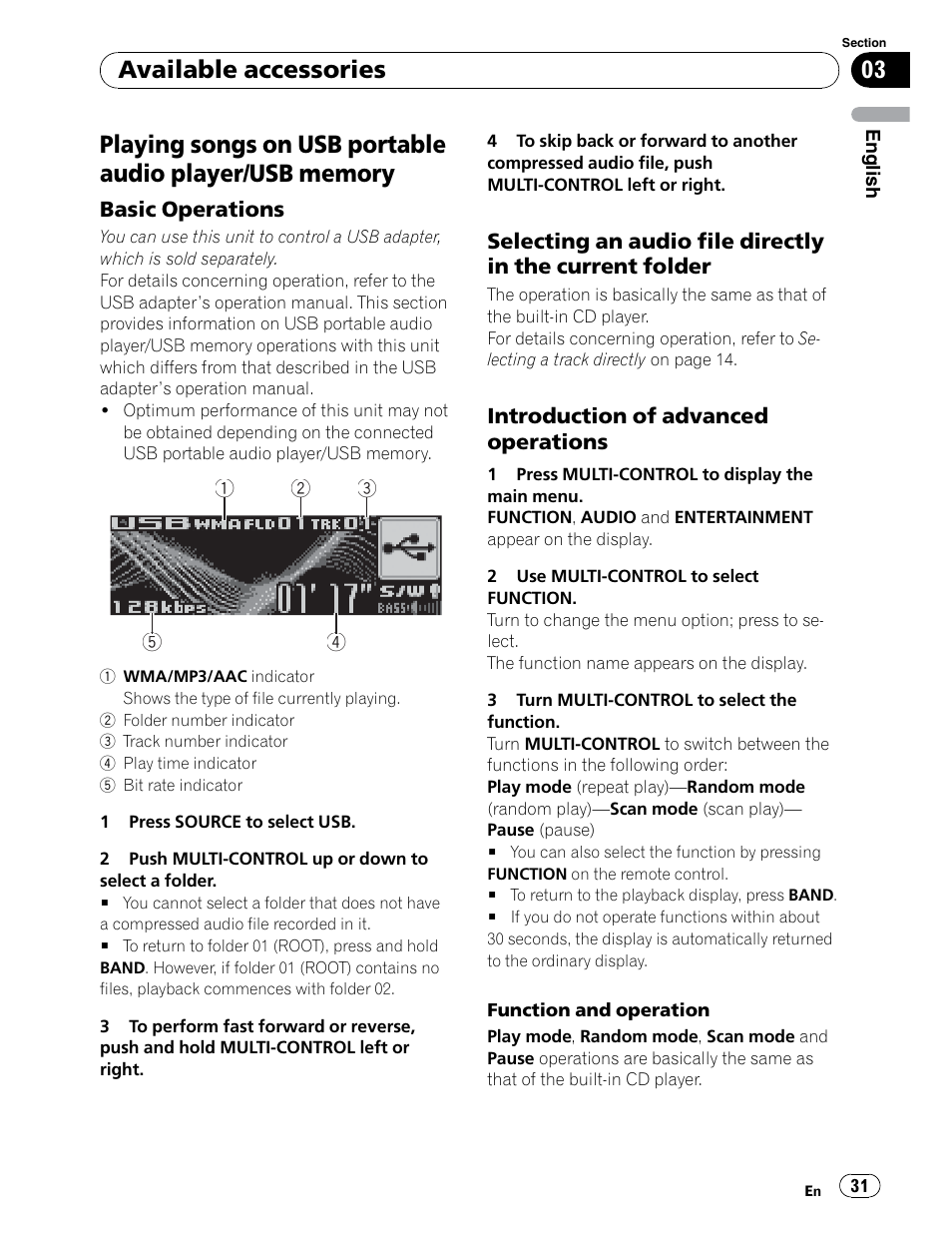 Controlling optional equipment, Usb portable audio player / usb memory, Available accessories | Pioneer DEH-P5900IB User Manual | Page 31 / 72