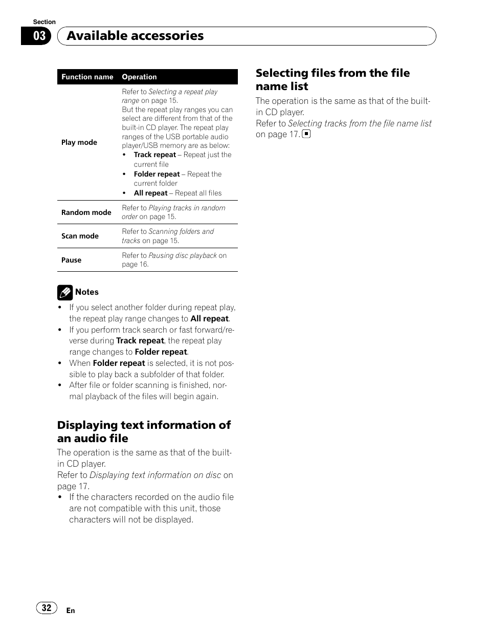 Available accessories, Displaying text information of an audio file, Selecting files from the file name list | Pioneer DEH-P5900IB User Manual | Page 32 / 72