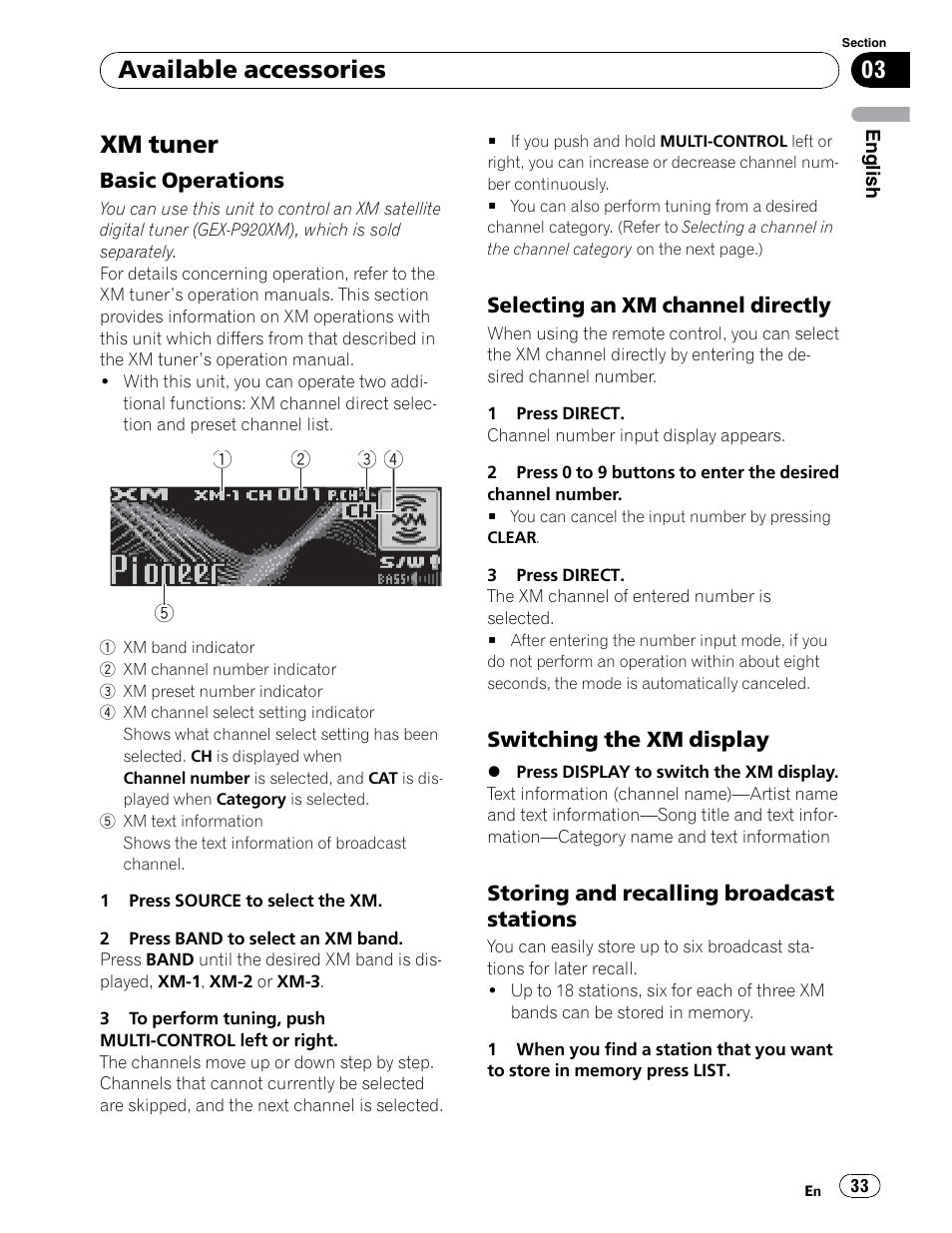 Xm satellite radio tuner, Xm tuner, Available accessories | Pioneer DEH-P5900IB User Manual | Page 33 / 72