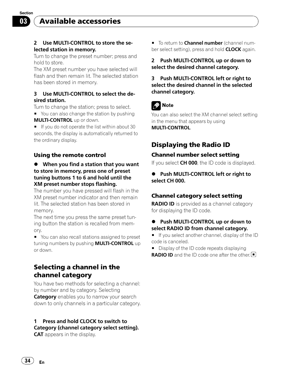 Available accessories, Selecting a channel in the channel category, Displaying the radio id | Pioneer DEH-P5900IB User Manual | Page 34 / 72