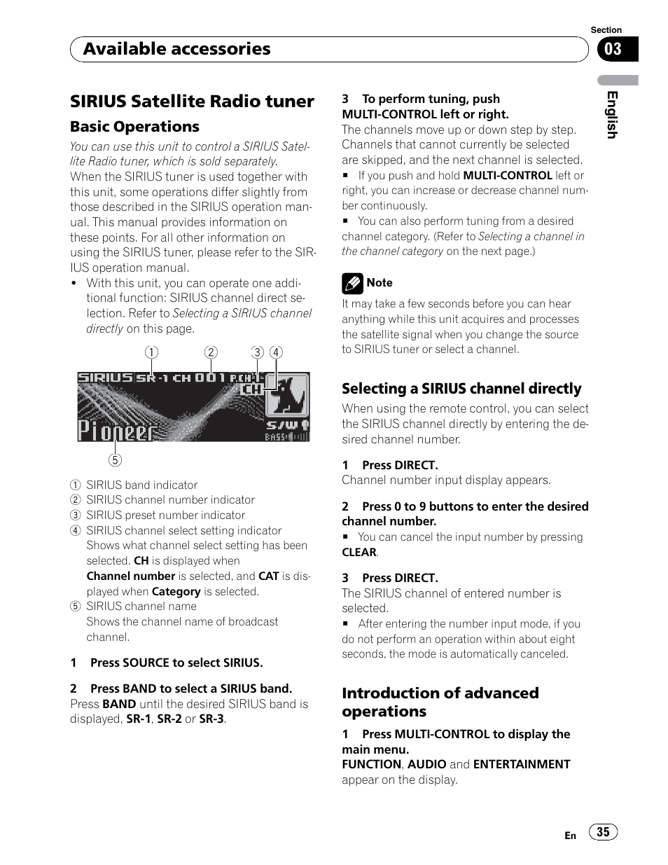 Sirius satellite radio tuner, Available accessories | Pioneer DEH-P5900IB User Manual | Page 35 / 72